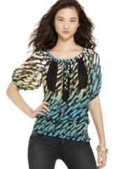 Spruce up your casual wear with this print from Sequin Hearts. The inset lace makes top really pop! Spruce up your casual wear with this print from Sequin Hearts. The inset lace makes top really pop!