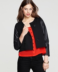 Supple leather sleeves toughen up this Patterson J. Kincaid jacket, cut in a stylishly cropped silhouette. Supple leather sleeves toughen up this Patterson J. Kincaid jacket, cut in a stylishly cropped silhouette.