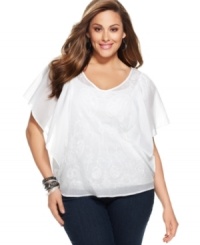 Butterfly sleeves lend ethereal elegance to DKNY Jeans' embroidered plus size top-- it's a perfect pick for the season! Butterfly sleeves lend ethereal elegance to DKNY Jeans' embroidered plus size top-- it's a perfect pick for the season!