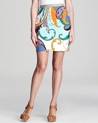 A nod to the '60s, this Elie Tahari skirt boasts an oversized paisley motif played out in powerful pastels and jolts of neon. A nod to the '60s, this Elie Tahari skirt boasts an oversized paisley motif played out in powerful pastels and jolts of neon.