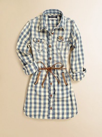 She'll be a little bit country in this adorable plaid shirt dress with patch pockets and a studded leather belt. Point collarButton frontLong sleeves with button cuffsFront button flap chest pocketsSide slash pockets with leather trimStudded leather self-tie beltCottonMachine washImported She'll be a little bit country in this adorable plaid shirt dress with patch pockets and a studded leather belt. Point collarButton frontLong sleeves with button cuffsFront button flap chest pocketsSide slash pockets with leather trimStudded leather self-tie beltCottonMachine washImported