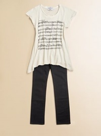 She'll sing her praises for this cozy cotton v-neck with sheet music screen print.V-neckShort sleevesPullover styleAsymmetrical hemCottonMachine washMade in the USA She'll sing her praises for this cozy cotton v-neck with sheet music screen print.V-neckShort sleevesPullover styleAsymmetrical hemCottonMachine washMade in the USA