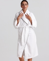 Warm and plush from head to toe, in low twist cotton construction with tie belt, cuffed sleeves, and contrast piping detail. Warm and plush from head to toe, in low twist cotton construction with tie belt, cuffed sleeves, and contrast piping detail.