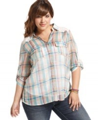 Look super-cute from all angles with American Rag's plaid plus size shirt, showcasing a crochet back. Look super-cute from all angles with American Rag's plaid plus size shirt, showcasing a crochet back.