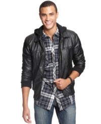 Put some zip on it with this rad faux leather jacket from American Rag. Put some zip on it with this rad faux leather jacket from American Rag.
