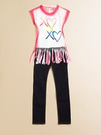 This standout knit is slightly edgy, yet feminine, with a frayed hem and colorful XOXO pattern with hearts.ScoopneckShort sleevesPullover styleFringed hemRayonHand washImported