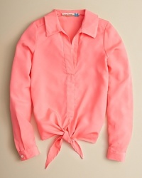 A cool, summery look soft chiffon, this classic collared shirt takes a feminine twist with a cute tie-front at the hem. A cool, summery look soft chiffon, this classic collared shirt takes a feminine twist with a cute tie-front at the hem.