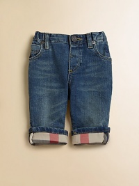 Soft, faded denim in a perfectly detailed miniature version of grown-up jeans, with Burberry checks lining the cuffs.Back elastic waistband with belt loopsZip fly with button closeFront scoop pockets and coin pocket with rivetsBack patch pockets98% cotton/2% elastaneMachine washImported Soft, faded denim in a perfectly detailed miniature version of grown-up jeans, with Burberry checks lining the cuffs.Back elastic waistband with belt loopsZip fly with button closeFront scoop pockets and coin pocket with rivetsBack patch pockets98% cotton/2% elastaneMachine washImported