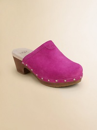 A sleek silhouette with metal rivets and a little heel she'll love. Slip-on style Suede upper Faux wood sole with rubber tread Padded insole Imported A sleek silhouette with metal rivets and a little heel she'll love. Slip-on style Suede upper Faux wood sole with rubber tread Padded insole Imported