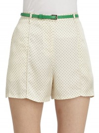 THE LOOKPin dot printBanded waist with belt loopsLeather belt with buckle closureFront zip and hook closureSide seam pocketsSeam detailsTHE FITRise, about 11Inseam, about 3THE MATERIAL54% rayon/46% modalCARE & ORIGINDry cleanImportedModel shown is 5'10 (177cm) wearing US size 4. THE LOOKPin dot printBanded waist with belt loopsLeather belt with buckle closureFront zip and hook closureSide seam pocketsSeam detailsTHE FITRise, about 11Inseam, about 3THE MATERIAL54% rayon/46% modalCARE & ORIGINDry cleanImportedModel shown is 5'10 (177cm) wearing US size 4.