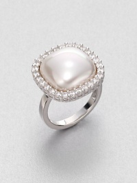 A modern look, offering a lustrous white, organic manmade mabé pearl surrounded by twinkling cubic zirconia in a beaded setting of polished sterling silver.15mm white, square organic, manmade mabé pearlCubic zirconiaSterling silverAbout 1 squareMade in Spain A modern look, offering a lustrous white, organic manmade mabé pearl surrounded by twinkling cubic zirconia in a beaded setting of polished sterling silver.15mm white, square organic, manmade mabé pearlCubic zirconiaSterling silverAbout 1 squareMade in Spain