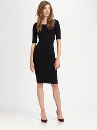 Chic, form-fitting knit design channels sleek elegance for every occasion. Three-quarter length sleeves About 28 from natural waist 55% cotton/40% viscose/5% spandex Dry clean ImportedModel shown is 5'11 (180cm) wearing US size Small. Chic, form-fitting knit design channels sleek elegance for every occasion. Three-quarter length sleeves About 28 from natural waist 55% cotton/40% viscose/5% spandex Dry clean ImportedModel shown is 5'11 (180cm) wearing US size Small.