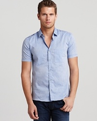 A finely crafted cotton sport shirt in a relaxed hue takes the edge off your work week. Wear it out to dinner on warmer nights, to casual parties or when you're just chilling with your crew. A finely crafted cotton sport shirt in a relaxed hue takes the edge off your work week. Wear it out to dinner on warmer nights, to casual parties or when you're just chilling with your crew.