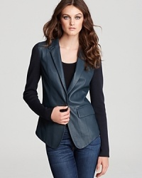 Make room in your wardrobe for this versatile Cut25 jacket. The rib knit sleeves and leather front create one stylist contrast for a perfect day or night piece. Go casual with jeans or pair it with leggings for a dressy date night. Make room in your wardrobe for this versatile Cut25 jacket. The rib knit sleeves and leather front create one stylist contrast for a perfect day or night piece. Go casual with jeans or pair it with leggings for a dressy date night.