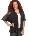 Glimmer from day to night with ING's elbow sleeve plus size cardigan, featuring sequined trim.