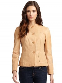 THE LOOKTonal seam detailingFront button closureDual patch pocketsTHE FITAbout 21 from shoulder to hemTHE MATERIALLeatherCARE & ORIGINClean by leather expertImportedModel shown is 5'9½ (176cm) wearing US size Small. THE LOOKTonal seam detailingFront button closureDual patch pocketsTHE FITAbout 21 from shoulder to hemTHE MATERIALLeatherCARE & ORIGINClean by leather expertImportedModel shown is 5'9½ (176cm) wearing US size Small.