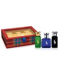 Discover the World of Polo this fall with the Polo Ralph Lauren Men's Fragrance Collection. Coffret includes a 1.3 oz. Polo Blue Eau de Toilette, along with 1 oz. Polo Black and Polo Classic travel sprays. Discover the World of Polo this fall with the Polo Ralph Lauren Men's Fragrance Collection. Coffret includes a 1.3 oz. Polo Blue Eau de Toilette, along with 1 oz. Polo Black and Polo Classic travel sprays.