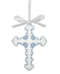 Add elegance to your tree with this sculpted porcelain cross from Wedgwood. Blue background with white relief. Fleur-de-lis liliform details throughout. Wedgwood grosgrain ribbon for hanging. 4 x 2-3/4 Add elegance to your tree with this sculpted porcelain cross from Wedgwood. Blue background with white relief. Fleur-de-lis liliform details throughout. Wedgwood grosgrain ribbon for hanging. 4 x 2-3/4