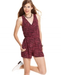Institute a state of breezy-easy chic with this tribal-print romper from Material Girl -- a fun, global-inspired addition to your warm-weather gear! Institute a state of breezy-easy chic with this tribal-print romper from Material Girl -- a fun, global-inspired addition to your warm-weather gear!