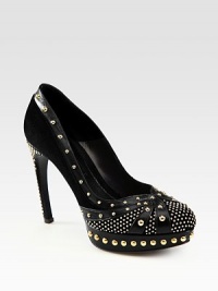 Polished metal studs coat this elevated platform design of supple leather and suede. Studded leather-covered heel, 4 (100mm)Studded covered-platform, 1 (25mm)Compares to a 3 heel (75mm)Leather and suede upperLeather lining and solePadded insoleMade in Italy Polished metal studs coat this elevated platform design of supple leather and suede. Studded leather-covered heel, 4 (100mm)Studded covered-platform, 1 (25mm)Compares to a 3 heel (75mm)Leather and suede upperLeather lining and solePadded insoleMade in Italy