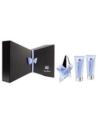 This elegant selection of ANGEL products exudes luxury. The products are encased in a signature box reminiscent of Mugler's famous asymmetrical design. The box opens to reveal the products in a dramatic fashion and a faux leather bow adds the finishing touch.Set includes:- Refillable Shooting Star, 50 mL/1.7 fl. oz. - Perfuming Body Lotion, 100 mL/3.4 oz. net wt.- Perfuming Shower Gel, 100 mL/3.4 fl. oz. This elegant selection of ANGEL products exudes luxury. The products are encased in a signature box reminiscent of Mugler's famous asymmetrical design. The box opens to reveal the products in a dramatic fashion and a faux leather bow adds the finishing touch.Set includes:- Refillable Shooting Star, 50 mL/1.7 fl. oz. - Perfuming Body Lotion, 100 mL/3.4 oz. net wt.- Perfuming Shower Gel, 100 mL/3.4 fl. oz.