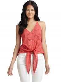 THE LOOKSheer floral eyelet designV-neckSleevelessFront button closureTie hemRacerbackTHE FITAbout 22 from shoulder to hemTHE MATERIAL50% cotton/50% viscoseCARE & ORIGINDry cleanImportedModel shown is 5'10 (177cm) wearing US size Small. THE LOOKSheer floral eyelet designV-neckSleevelessFront button closureTie hemRacerbackTHE FITAbout 22 from shoulder to hemTHE MATERIAL50% cotton/50% viscoseCARE & ORIGINDry cleanImportedModel shown is 5'10 (177cm) wearing US size Small.