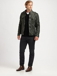 The stylish comfort of classic denim with five-pocket styling, a sleek cotton twill pant is expertly tailored for a slim, straight fit.Five-pocket styleButton flyInseam, about 32CottonMachine washMade in USAThis style runs true to size. We recommend ordering your usual size for a standard fit. The stylish comfort of classic denim with five-pocket styling, a sleek cotton twill pant is expertly tailored for a slim, straight fit.Five-pocket styleButton flyInseam, about 32CottonMachine washMade in USAThis style runs true to size. We recommend ordering your usual size for a standard fit.