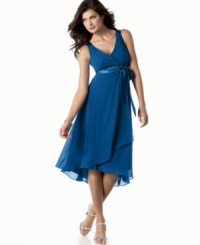 Evan Picone's petite dress is elegant for an elevated evening: A satin sash and tiered skirt are feminine flourishes. Evan Picone's petite dress is elegant for an elevated evening: A satin sash and tiered skirt are feminine flourishes.