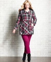 Look pretty in plaid with Dollhouse's plus size double-breasted coat, accentuated by a belted waist-- stay warm and stylish this season! Look pretty in plaid with Dollhouse's plus size double-breasted coat, accentuated by a belted waist-- stay warm and stylish this season!