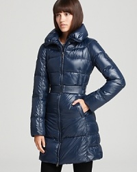 A glossy lacquered finish lends modern edge to this oh-so-cozy down coat from Add Down. A glossy lacquered finish lends modern edge to this oh-so-cozy down coat from Add Down.