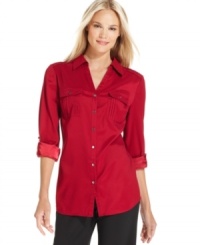 Style&co.'s top may be a wardrobe basic, but it's done beautifully with a crisp point collar and roll-tab sleeves. Style&co.'s top may be a wardrobe basic, but it's done beautifully with a crisp point collar and roll-tab sleeves.