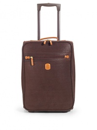 THE LOOKTwo-wheel trolleyLeather top handleRetractable locking handleRemovable luggage tagOne outside zip compartmentZip-around closureOne inside zip compartmentInterior cross straps for organized packingTwo plastic bottom feetTHE MEASUREMENTTop handle, 1 dropLocking handle, 23 drop13¾W X 20H X 7DTHE MATERIALPVCLeather trimFully linedORIGINMade in Italy THE LOOKTwo-wheel trolleyLeather top handleRetractable locking handleRemovable luggage tagOne outside zip compartmentZip-around closureOne inside zip compartmentInterior cross straps for organized packingTwo plastic bottom feetTHE MEASUREMENTTop handle, 1 dropLocking handle, 23 drop13¾W X 20H X 7DTHE MATERIALPVCLeather trimFully linedORIGINMade in Italy