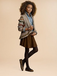 A stylish shawl-collar cardigan is rendered in a hearty blend of cable and Fair Isle stitches for added warmth and a cozy feel.Cable-knit shawl collarLong sleeves with flat-knit cuffsDraped open silhouetteFlared hem85% cotton/15% merino woolDry cleanImportedBelt and jewelry shown not sold A stylish shawl-collar cardigan is rendered in a hearty blend of cable and Fair Isle stitches for added warmth and a cozy feel.Cable-knit shawl collarLong sleeves with flat-knit cuffsDraped open silhouetteFlared hem85% cotton/15% merino woolDry cleanImportedBelt and jewelry shown not sold