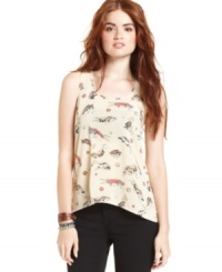 Rock cute style on laid back days! This racerback tank top from American Rag features a fun car-print and high-low hem. Rock cute style on laid back days! This racerback tank top from American Rag features a fun car-print and high-low hem.