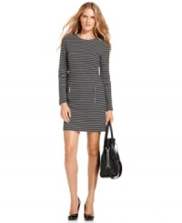Exposed zippers add a hint of contemporary flair to a sleek striped sheath dress from MICHAEL Michael Kors. Long sleeves make it as the perfect piece for transitioning between seasons. Exposed zippers add a hint of contemporary flair to a sleek striped sheath dress from MICHAEL Michael Kors. Long sleeves make it as the perfect piece for transitioning between seasons.