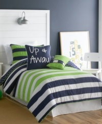 Up, up and away you go! Put a bit of prep in your bed with this Up and Away comforter set, featuring bold stripes in contrasting lime green and navy blue hues. Reverses to a checkered pattern. Finish the look with coordinating decorative pillows. Up, up and away you go! Put a bit of prep in your bed with this Up and Away comforter set, featuring bold stripes in contrasting lime green and navy blue hues. Reverses to a checkered pattern. Finish the look with coordinating decorative pillows.