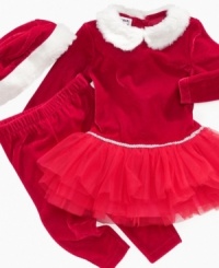 Celebrate the season with this adorable velour Santa dress set by Blueberi Boulevard with a tutu dress, leggings and matching holiday hat. Celebrate the season with this adorable velour Santa dress set by Blueberi Boulevard with a tutu dress, leggings and matching holiday hat.