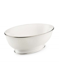 Beautiful and bridal-inspired, this vegetable bowl is richly textured with a delicate floral motif and raised, beaded accents. Finished with a band of polished platinum. Beautiful and bridal-inspired, this vegetable bowl is richly textured with a delicate floral motif and raised, beaded accents. Finished with a band of polished platinum.