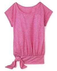A wide banded hem with a tie at the side adds an 80's appeal to Aqua's cute striped top. A wide banded hem with a tie at the side adds an 80's appeal to Aqua's cute striped top.