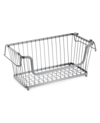 Everything in its place. Add some industrial edge to your space with this chrome basket, which features an open design for easy access to your belongings. Convenient folding handles are great for moving from room to room or folding in to create a tower of stacked baskets. Everything in its place. Add some industrial edge to your space with this chrome basket, which features an open design for easy access to your belongings. Convenient folding handles are great for moving from room to room or folding in to create a tower of stacked baskets.