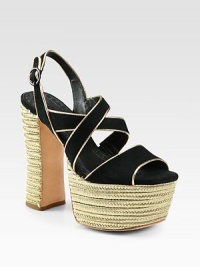 Sleek suede design with an adjustable ankle strap and goldtone metallic leather piping that braids into a chunky platform and heel. Metallic espadrille-inspired heel, 6 (150mm)Metallic platform, 2 (50mm)Compares to a 4 heel (100mm)Suede upperLeather liningBuffed leather solePadded insoleImportedOUR FIT MODEL RECOMMENDS ordering true whole size; ½ sizes should order the next whole size up. Sleek suede design with an adjustable ankle strap and goldtone metallic leather piping that braids into a chunky platform and heel. Metallic espadrille-inspired heel, 6 (150mm)Metallic platform, 2 (50mm)Compares to a 4 heel (100mm)Suede upperLeather liningBuffed leather solePadded insoleImportedOUR FIT MODEL RECOMMENDS ordering true whole size; ½ sizes should order the next whole size up.