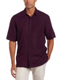 Cubavera Men's Short Sleeve Linen Rayon Blended Embroidered L-Shape Panel Woven Shirt Cubavera Men's Short Sleeve Linen Rayon Blended Embroidered L-Shape Panel Woven Shirt