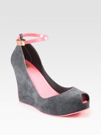 A fabulous option for every day, this felt-covered design features a peep toe and high wedge.Felt-covered wedge, 4 (100mm)Felt-covered platform, ¼ (5mm)Compares to a 3¾ heel (95mm)Melflex plastic upperAdjustable ankle strapMelflex plastic lining and solePadded insoleImported A fabulous option for every day, this felt-covered design features a peep toe and high wedge.Felt-covered wedge, 4 (100mm)Felt-covered platform, ¼ (5mm)Compares to a 3¾ heel (95mm)Melflex plastic upperAdjustable ankle strapMelflex plastic lining and solePadded insoleImported