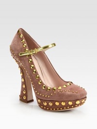 The iconic Mary Jane silhouette is renewed with whimsical studs and a metallic leather strap. Self-covered heel, 5 (125mm)Covered platform, 1 (25mm)Compares to a 4 heel (100mm)Suede upper with metal studsSquare toeAdjustable metallic leather ankle strapLeather liningLeather and rubber solePadded insoleMade in Italy The iconic Mary Jane silhouette is renewed with whimsical studs and a metallic leather strap. Self-covered heel, 5 (125mm)Covered platform, 1 (25mm)Compares to a 4 heel (100mm)Suede upper with metal studsSquare toeAdjustable metallic leather ankle strapLeather liningLeather and rubber solePadded insoleMade in Italy