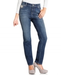 Dress up your day in Style&co. Jeans' sleek denim, featuring a medium blue wash and beautifully embellished back pockets. Dress up your day in Style&co. Jeans' sleek denim, featuring a medium blue wash and beautifully embellished back pockets.
