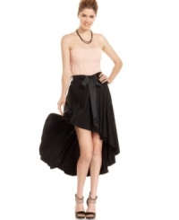 Dance the night away in Sugar & Spice's strapless party dress! From the high-low hem to the textured, bustier-style bodice, this number is loaded with unforgettable style. Dance the night away in Sugar & Spice's strapless party dress! From the high-low hem to the textured, bustier-style bodice, this number is loaded with unforgettable style.
