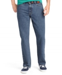 A classic fit and a flat front style give these Izod jeans their timeless appeal. A classic fit and a flat front style give these Izod jeans their timeless appeal.