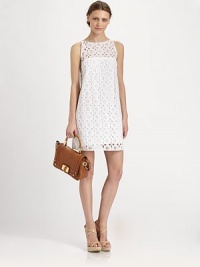 Airy cotton eyelet in an easy-fit shift styled with a sheer top yoke and open back keyhole.JewelneckSleevelessFlat frontButton back keyholeAbout 19 from natural waistCottonDry cleanMade in USA of imported fabricModel shown is 5'9½ (176cm) wearing US size 4. Airy cotton eyelet in an easy-fit shift styled with a sheer top yoke and open back keyhole.JewelneckSleevelessFlat frontButton back keyholeAbout 19 from natural waistCottonDry cleanMade in USA of imported fabricModel shown is 5'9½ (176cm) wearing US size 4.