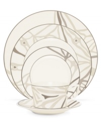 Place settings with abstract markings in soft shades of khaki fill in glazed white china dinnerware for unconventional elegance. From Noritake dinnerware, these dishes have matte platinum bands and the cup's arched, geometric handle that look sharp on casual and formal tables alike. (Clearance) Place settings with abstract markings in soft shades of khaki fill in glazed white china dinnerware for unconventional elegance. From Noritake dinnerware, these dishes have matte platinum bands and the cup's arched, geometric handle that look sharp on casual and formal tables alike. (Clearance)