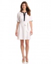 DKNYC Women's Three Quarter Roll Tab Sleeve Dress With Self Tie and Contrast Trim, White, Large